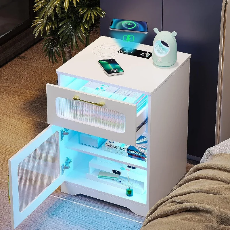 LED Nightstand with Wireless Charging Station,3 Color Dimmable 15.6"D x 17"W x 22.8"H