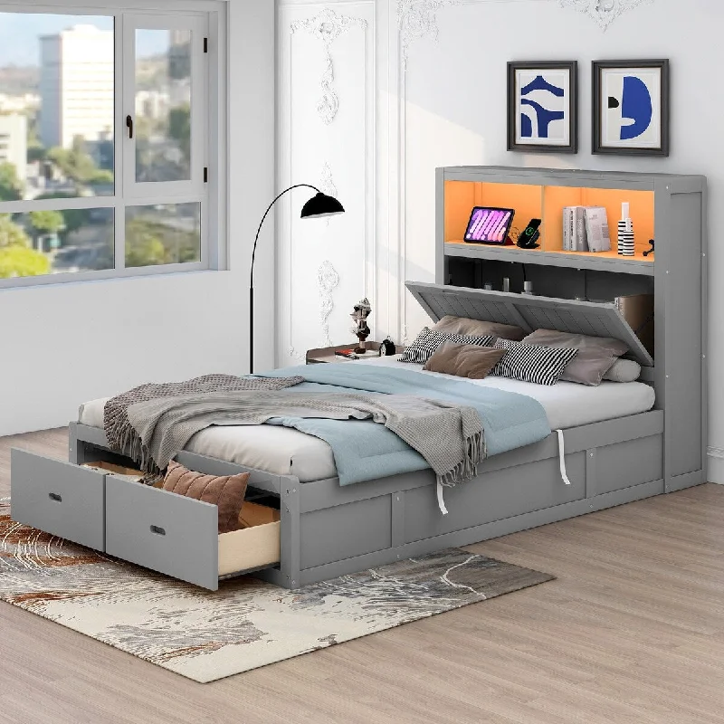 Lift Up Storage Bed, Full Size LED Bed Frame w/ Storage Drawers, Wood Platform Beds w/ Charging Station, Hydraulic Storage, Gray