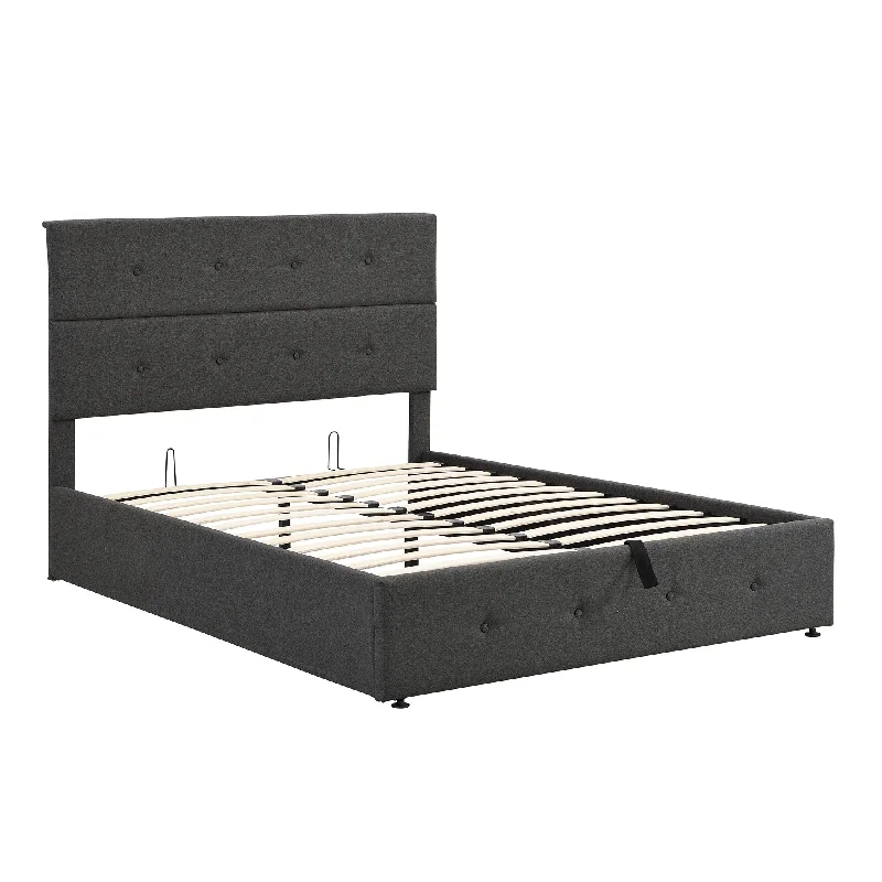 Lift Up Storage Bed/ Linen Fabric Headboard/ Upholstered Platform Bed Frame/ Hydraulic Storage Bed / Wood Slats Support, Gray