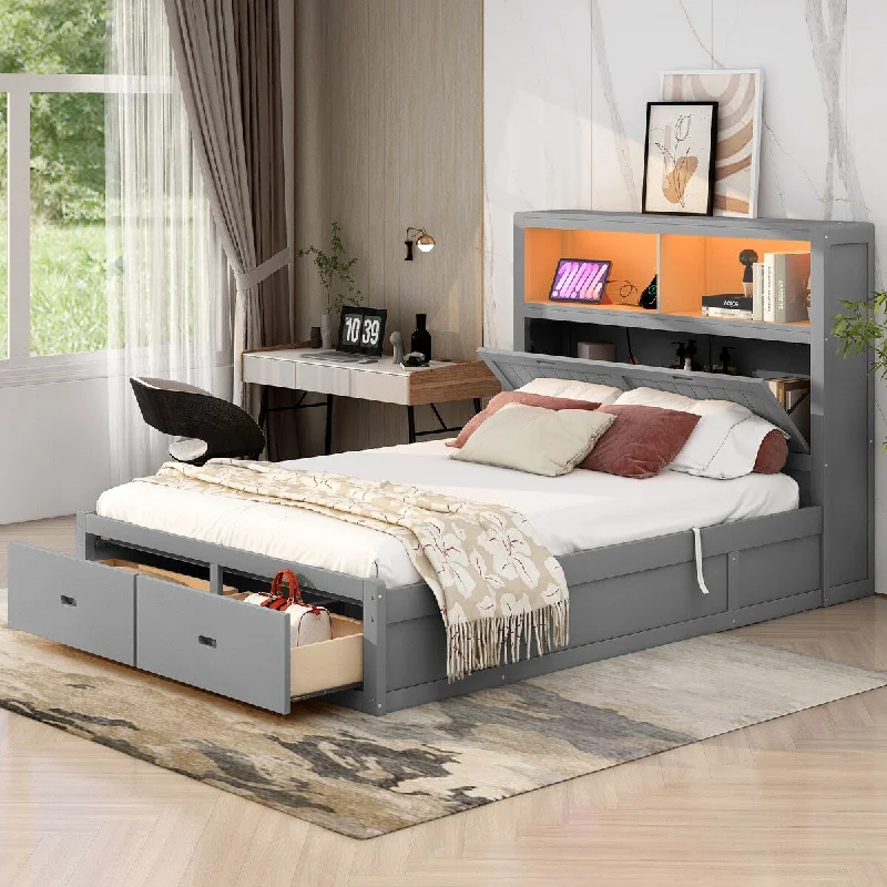 Lift Up Storage Bed, Queen LED Bed Frame with Storage Drawers, Wood Platform Beds with Charging Station, Hydraulic Storage, Gray