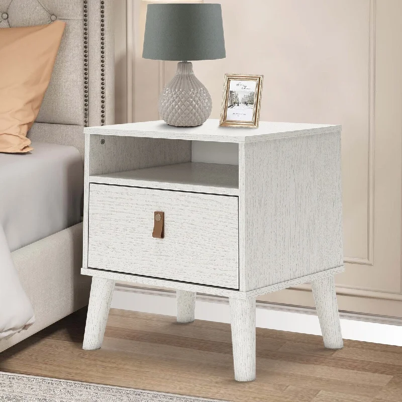 Luna 22 Inch Wood Nightstand, 1 Drawer, Faux Leather Knobs, White Finish