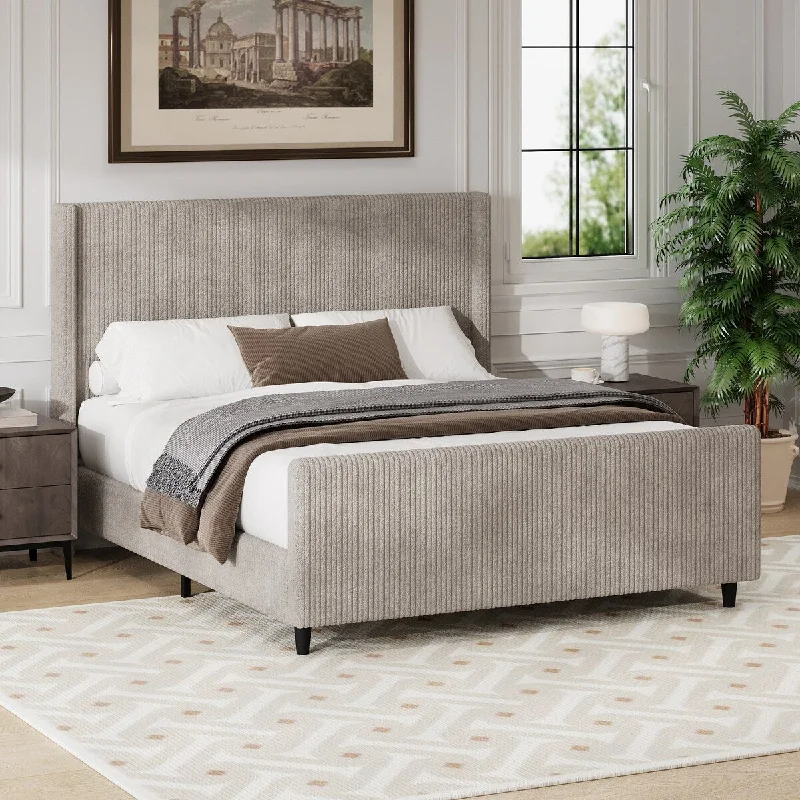 Luxury High Headboard Corduroy Upholstered Bed,Queen Size