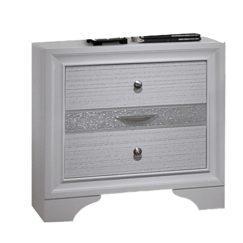 Mei 26 Inch 3 Drawer Nightstand, Glitter Accent Front, Metal Handles, White