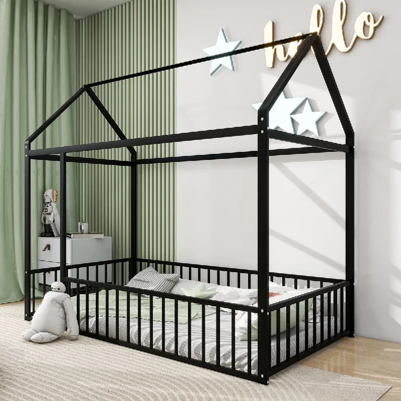 Metal Bed House Bed Frame with Fence, for Kids, Teens, Girls, Boys