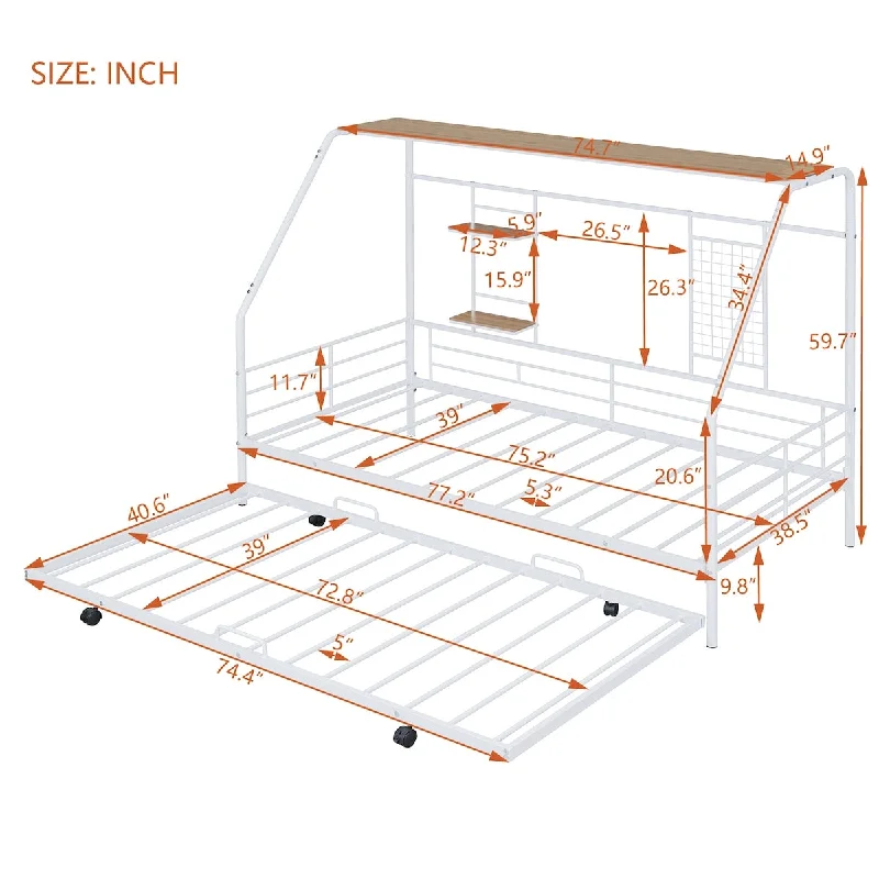 Metal House Bed with Trundle