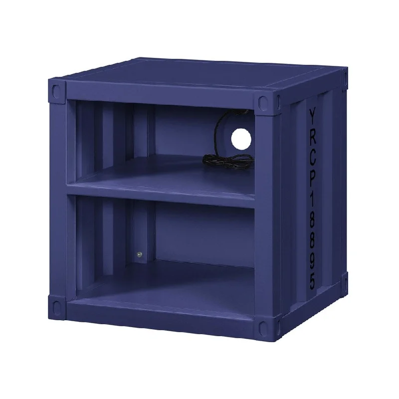 Metal Nightstand with 2 Open Compartment and USB Port, Blue