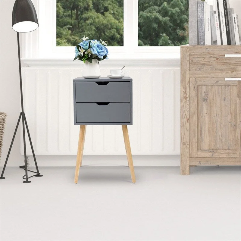 Mid-Century Wooden Tall Nightstand with 2 Drawers,Gray