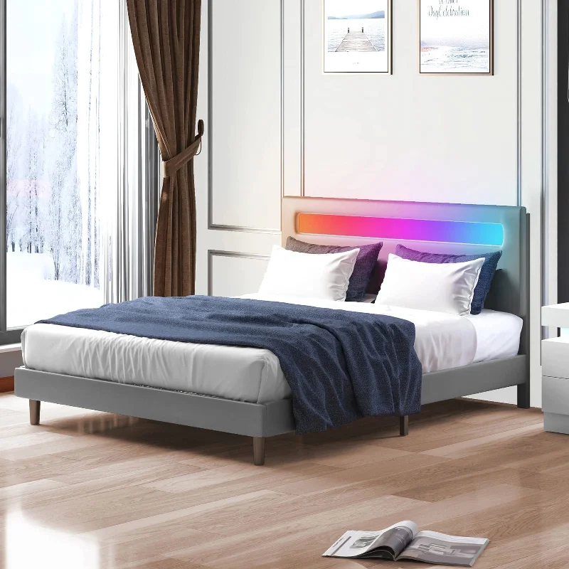 Mixoy Platform Bed Frame with Smart RGB LED Light Strip |Bed Frame with Adjustable Headboard | Compatible with Alexa & App