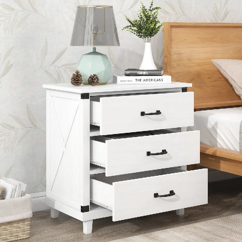 Modern 3-drawer Storage Nightstand with Pull Handle&Side X-Pattern Decor