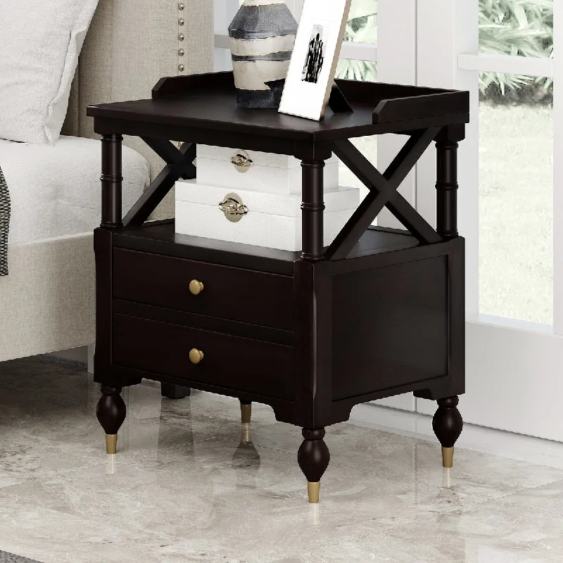 Modern Fenced Desktop&2-drawer Knob Nightstand with Side Open X-Frame