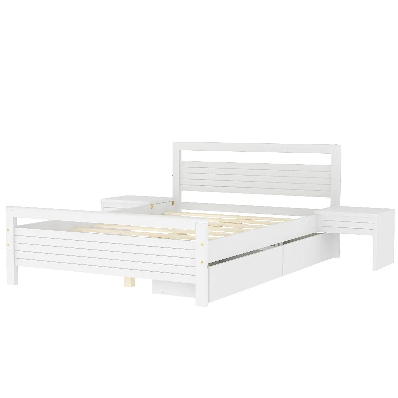 Modern Full Size Wooden Bed with 2 Storage Drawers, Platform Bed with 2 Bedside Tables, White