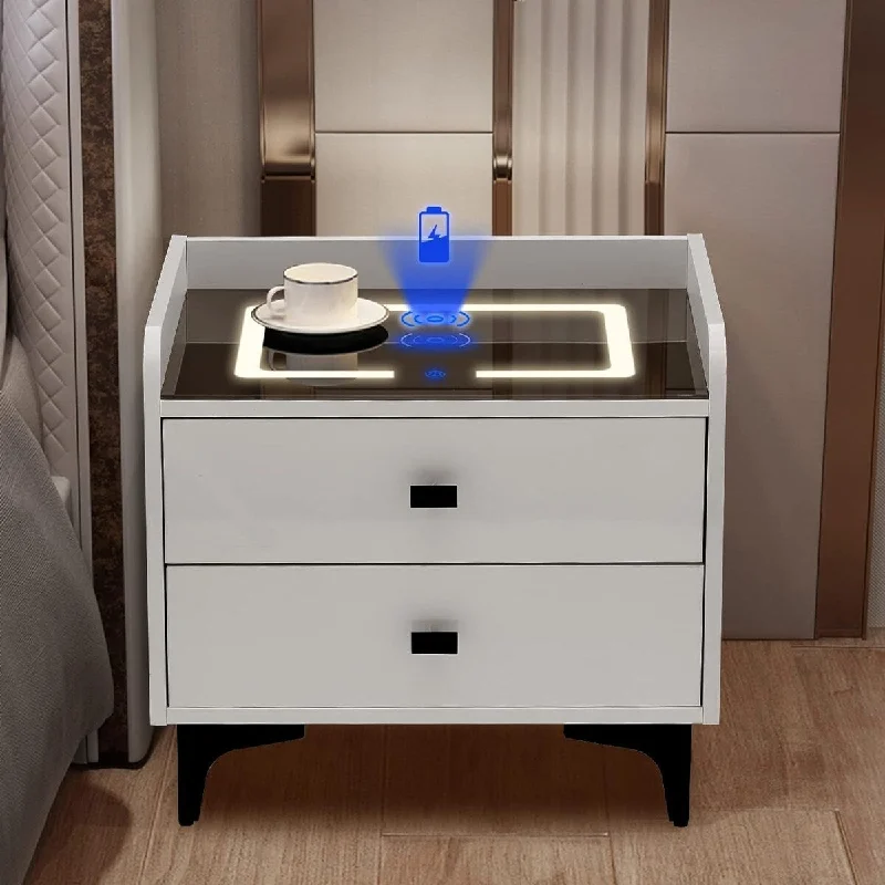 Modern Nightstand with 2 Drawers, Wireless Charging 3 Colors LED Light 16.1"D x 20.9"W x 17.7"H