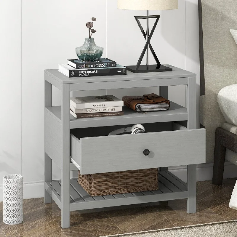 Modern Pine Clean-Lined 1-drawer Nightstand with 2 Storage Shelf&Knob