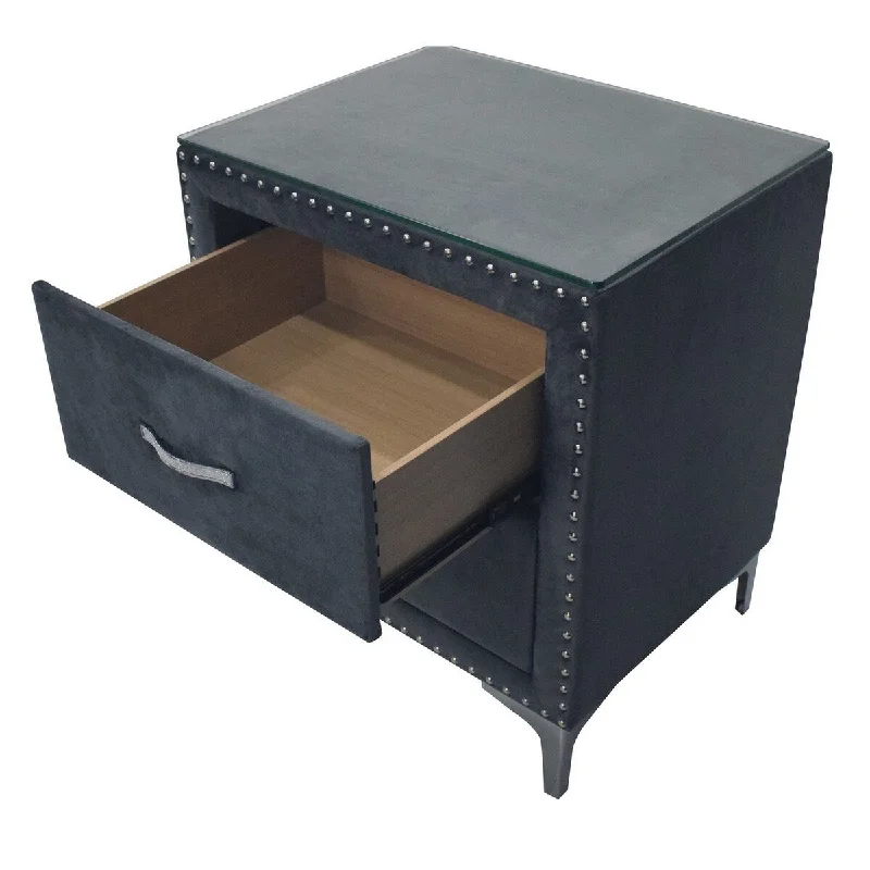 Moha 28 Inch 2 Drawer Nightstand with Glass Top, Gray Velvet Upholstered