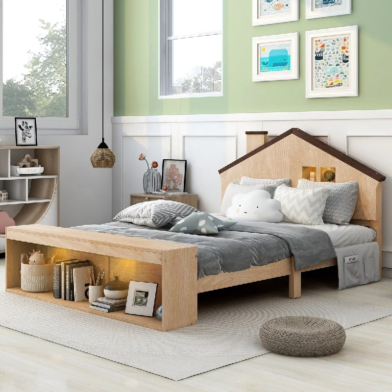 Natural Wood LED Full Size Platform Bed with Multi-Storage, House Shaped Headboard and Footboard with Led Lights