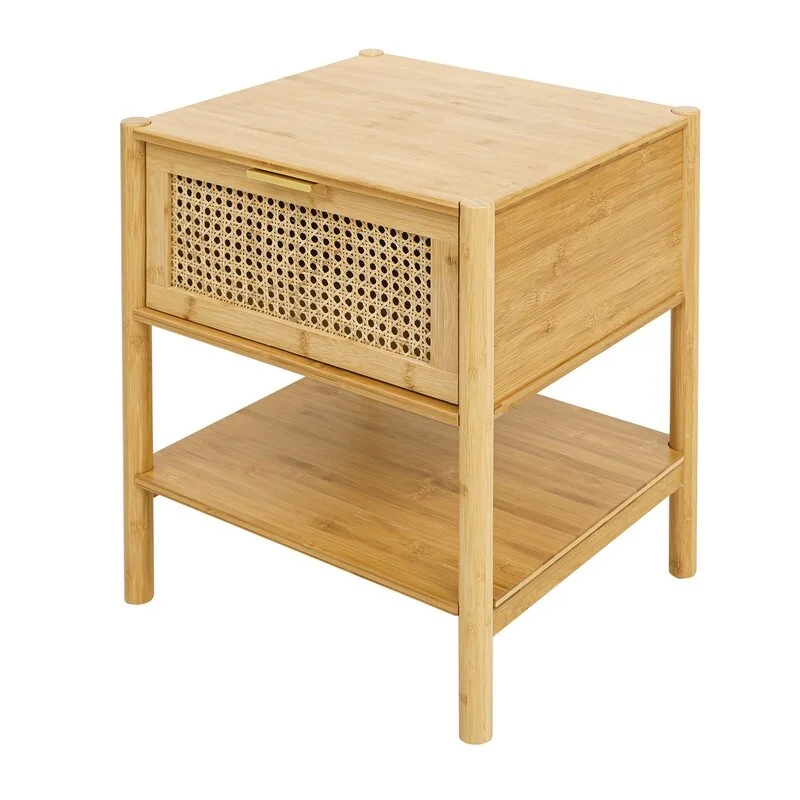 Nightstand Storage Side Table, Bedside Table Bamboo and Natural Rattan