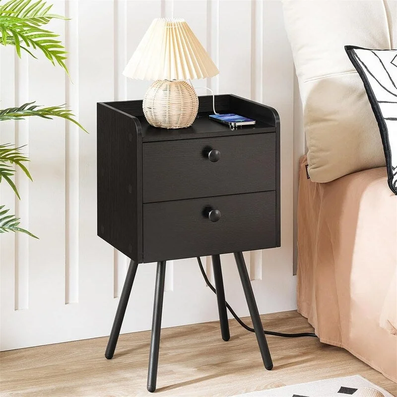 Nightstand with Charging Station Modern Side Table with 2 Drawers