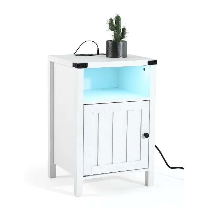 Nightstand with Charging Station,Side Table with RGB Light Strip,USB Ports and Outlets, Barn Door Cabinet