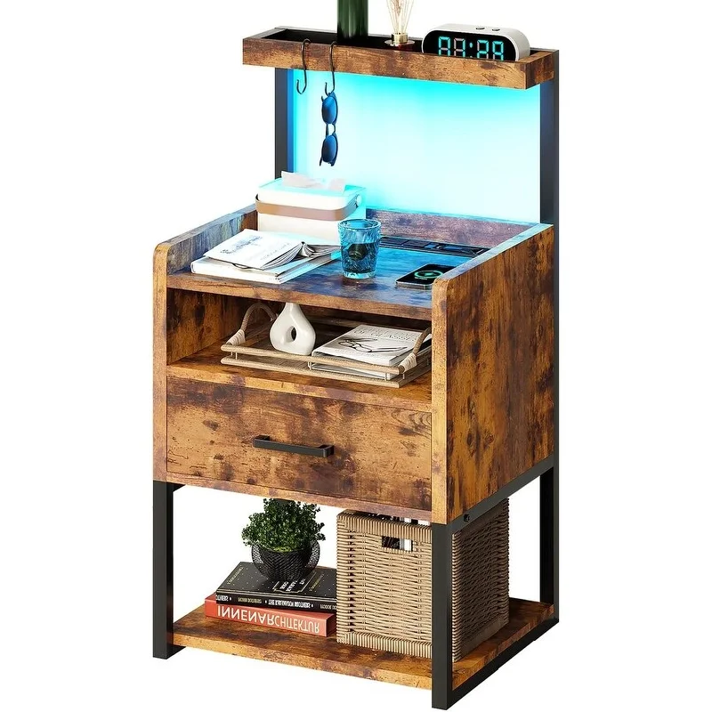 Nightstand with Charging Station with Drawer 15.8"D x 16.5"W x 34.3"H