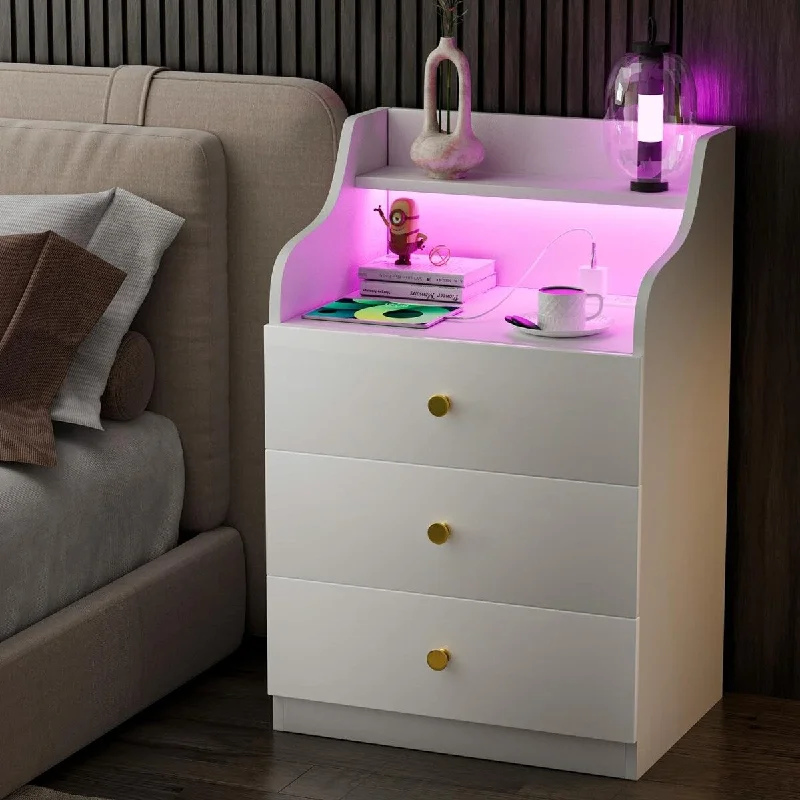 Nightstand with LED Light, Charging Station, 3 Deep Drawers Modern 13.77"D x 17.71"W x 28.34"H