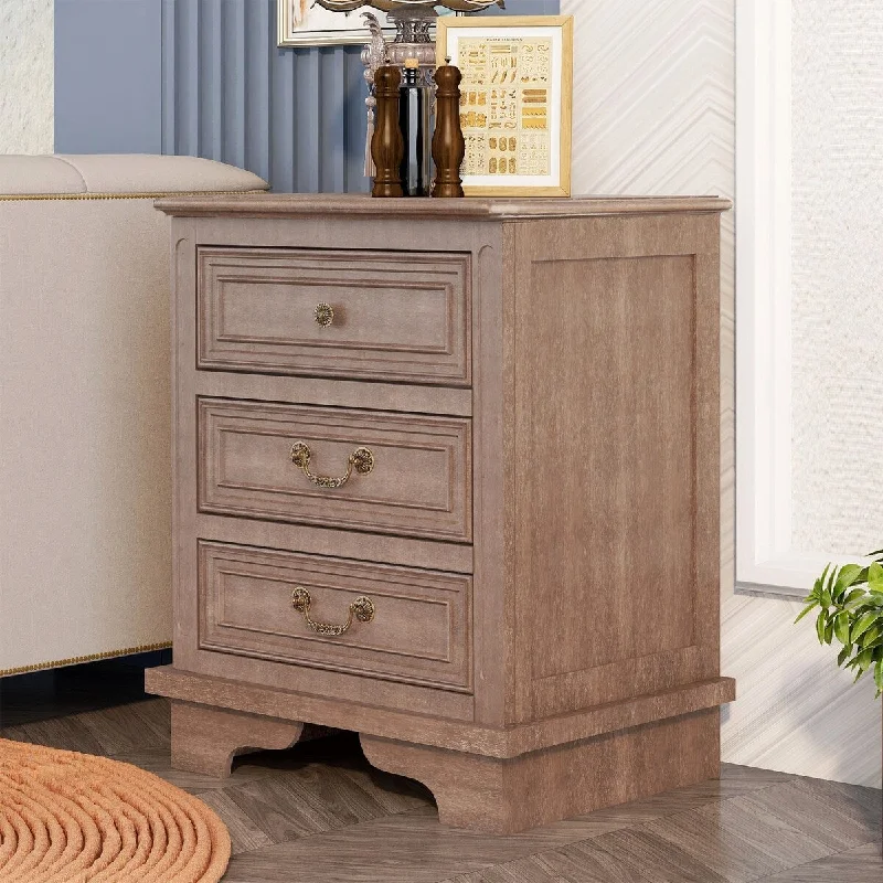 Nightstand with Three Drawers and USB Charging Ports , Sturdy Construction , Constructed of Rubber Wood and MDF Boards