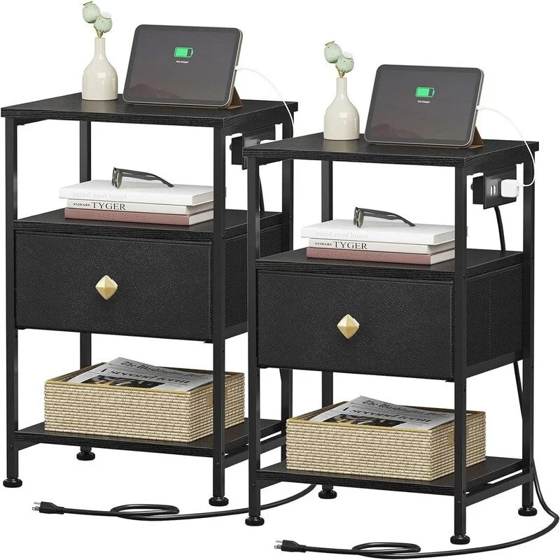 Nightstands Set of 2 with Charging Station and Drawer