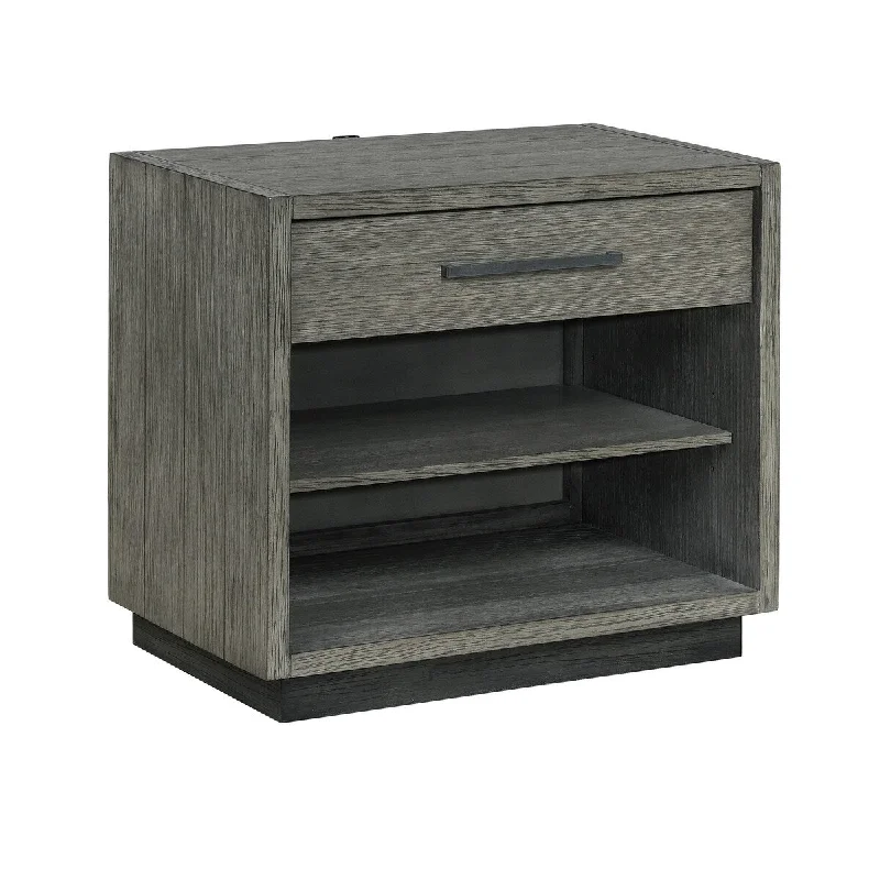 Noah 29 Inch Modern Nightstand, 1 Drawer, Felt Lined, Plinth, Rustic Gray