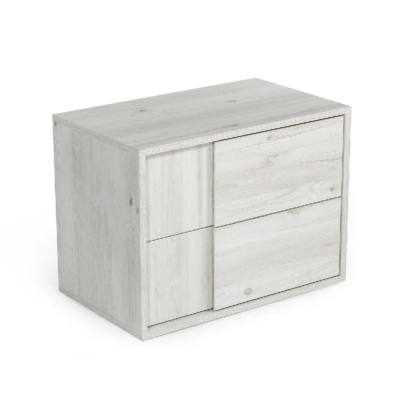 Noe Zid 27 Inch Modern Nightstand, 2 Gliding Drawers, White Oak Finish