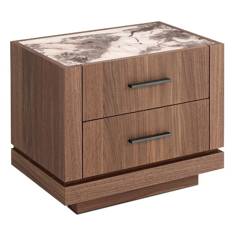 Nova Qua 23 Inch Wood Nightstand, 2 Drawers, Glass Surface, Walnut Brown