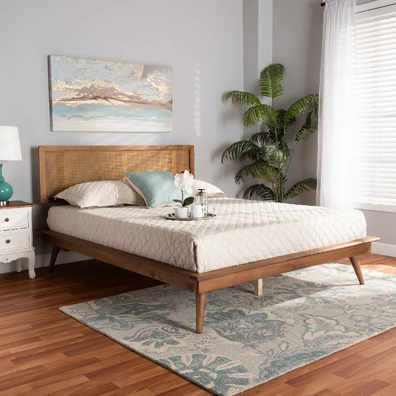 Nura Mid-Century Walnut Brown Wood and Rattan Platform Bed - Full