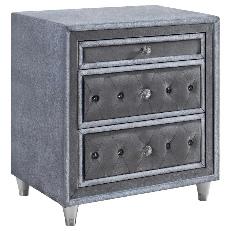 Ola 30 Inch Nightstand, 3 Drawers, Button Tufting, Gray Velvet Upholstery