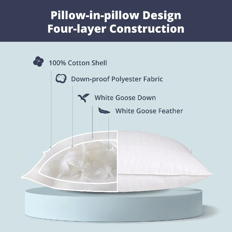 Pack of 2 White Down 4-Layer 300TC Bed Pillows for Side & Back Sleepers