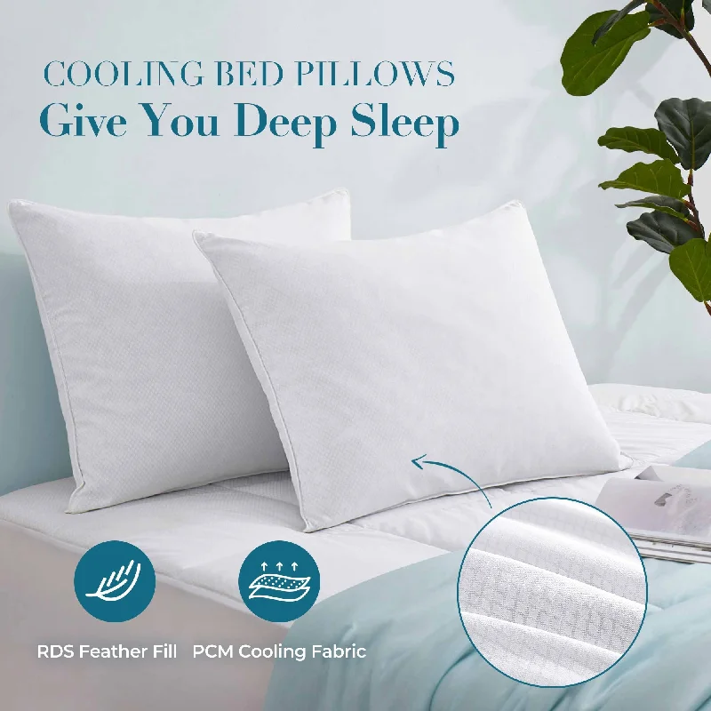 PCM Cooling Goose Feather Down Pillows Set of 2, Cool Touch Bed Pillow - White