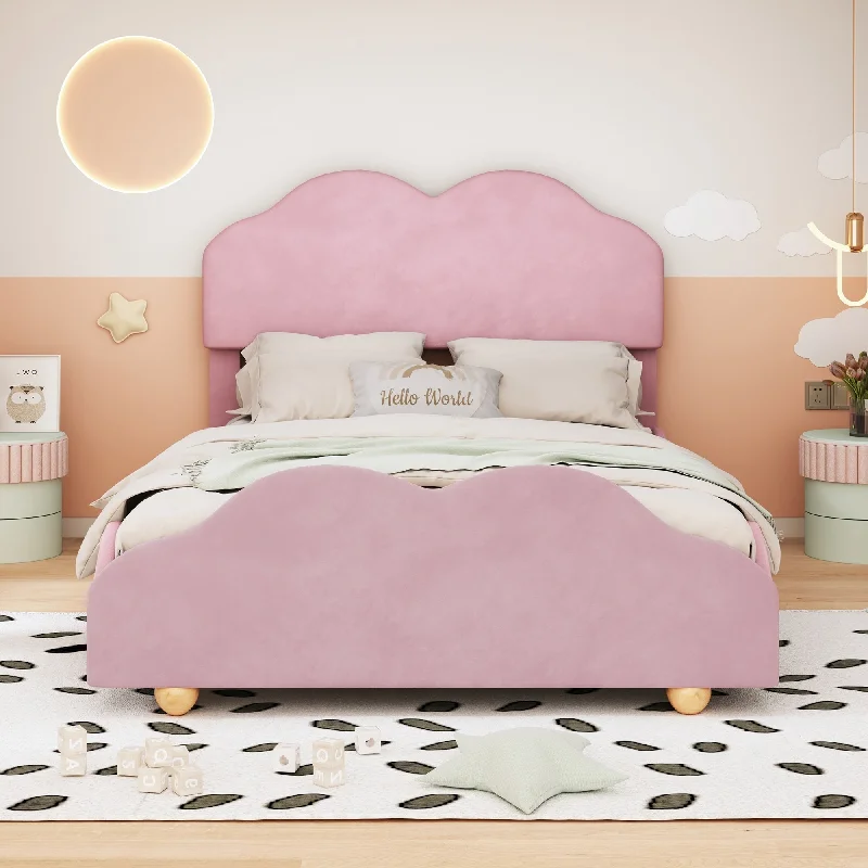 Pink Full SizeVelvet / Upholstered Platform Bed with Cloud-Shaped Headboard