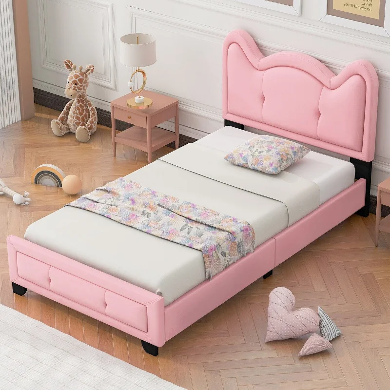 Pink Twin Size Upholstered Platform Bed with Cartoon Ears Headboard - Cute, Sturdy Construction