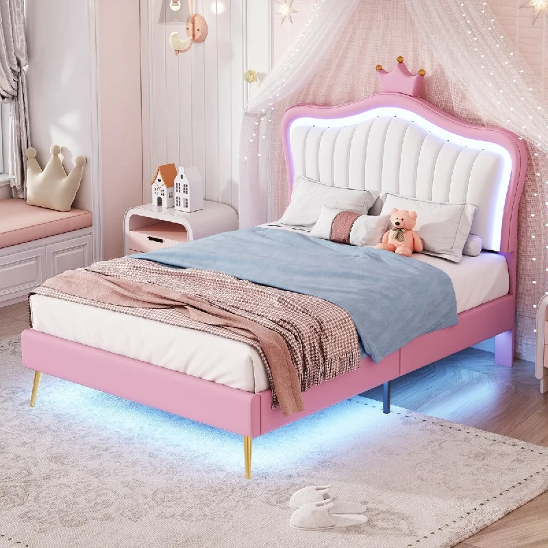 Pink Twin Size Upholstered Platform Bed with Included LED Lights and Crown Headboard for Elegance