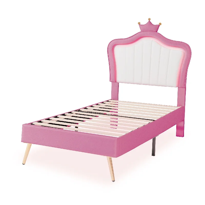 Pink Twin Size Upholstered Platform Bed with LED Lights and Crown Headboard