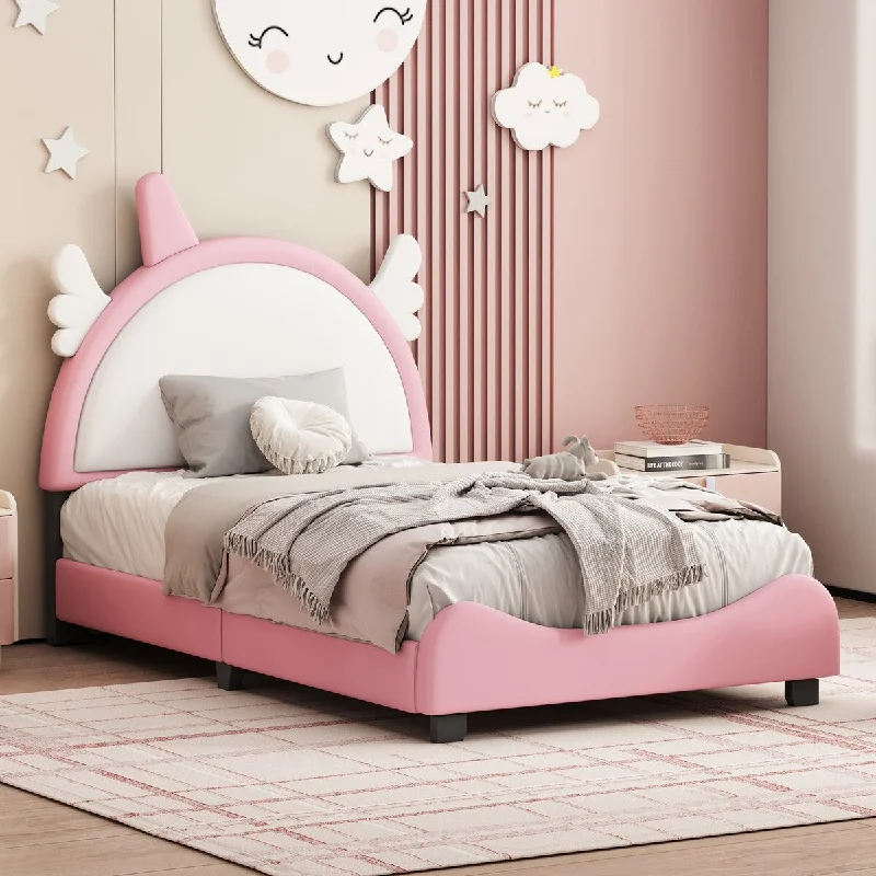 Pink Twin Size Upholstered Platform Bed with Unicorn Headboard and Footboard - and Pink