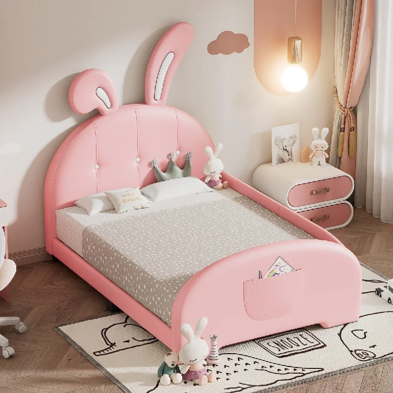 Pink Twin SizePink Upholstered Platform Bed with Rabbit-Shape Princess Headboard and Footboard