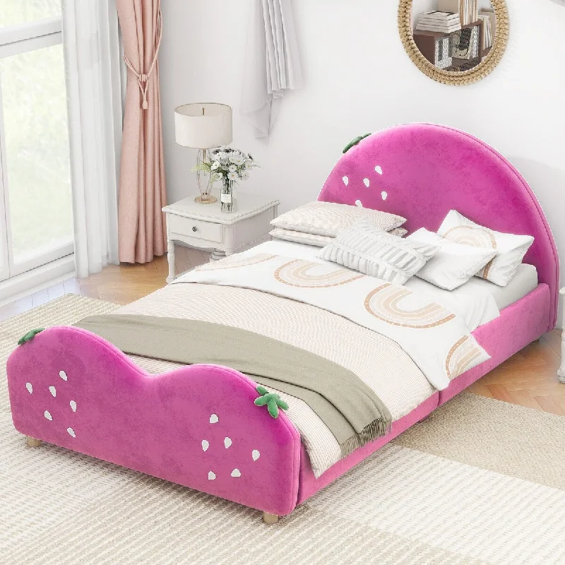 Pink Twin SizePink Upholstered Platform Bed with Strawberry Headboard and Footboard