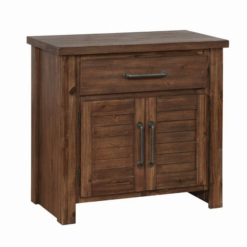 Plank Style Wooden Nightstand with 1 Drawer and 2 Doors, Bourbon Brown