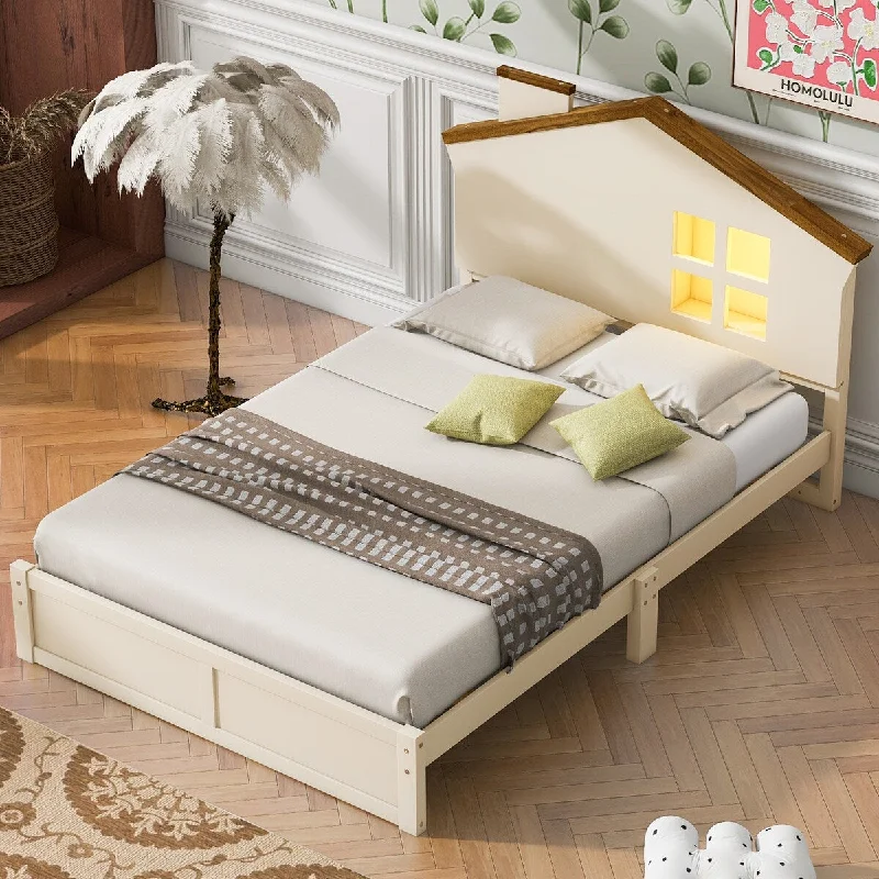 Platform Bed w/ House-Shaped Headboard, Off-White Wood Kids Storage Bed with Built-in LED, Cute Single Bed, No Box Spring Needed