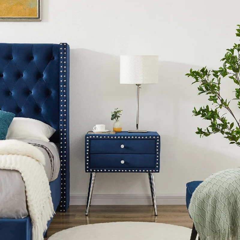 Plush Brown Velvet Nightstand with 2 Drawers - Elegant Button Tufted Design and Metal Legs