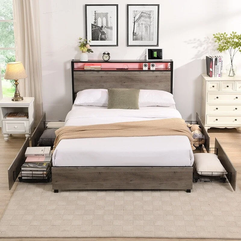 Queen Bed Frame, Storage Headboard with Charging Station