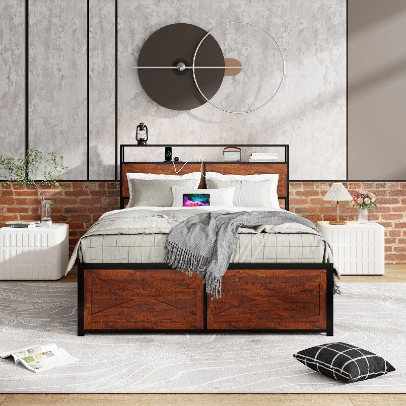 Queen Bed Frame with Storage Headboard and 12 Drawers LED Lights, Metal Slats Support