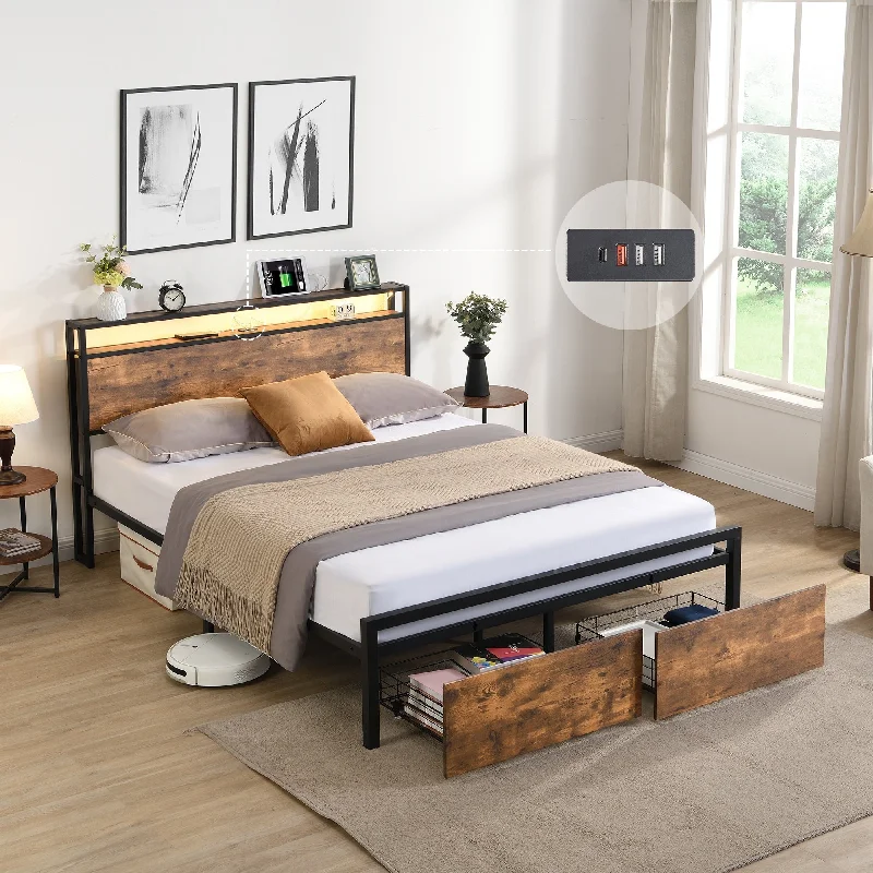 Queen Size Bed Frame with Storage Headboard and 2 Drawers