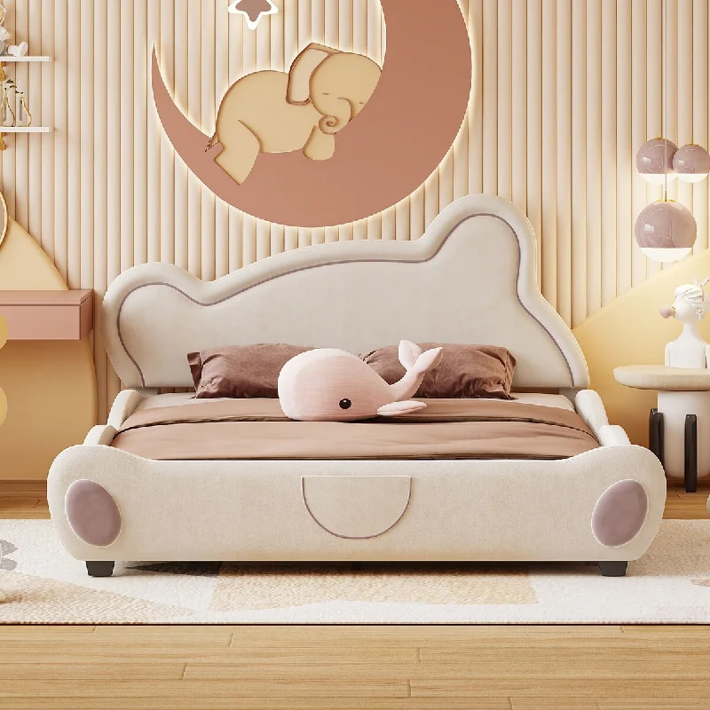 Queen Size Velvet Platform Bed Kids Bed with Bear-Shaped Headboard with Bed-End Storage Pocket, Beige