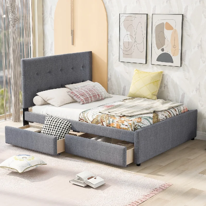 Queen Upholstered Platform Bed with Headboard & Drawers