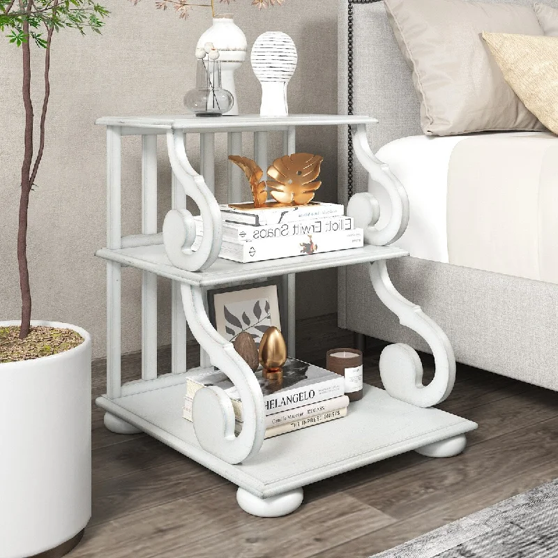 Retro Stylish Functional Nightstand with Abstract Carving lines&Shelves