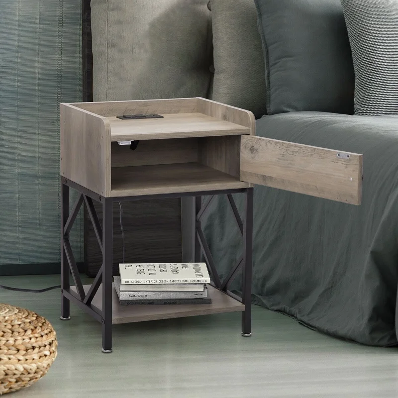 Rustic Gray Wood Nightstand Set with Charging Station, USB Ports, and Cabinet - 2PCS - Convenient and Stylish